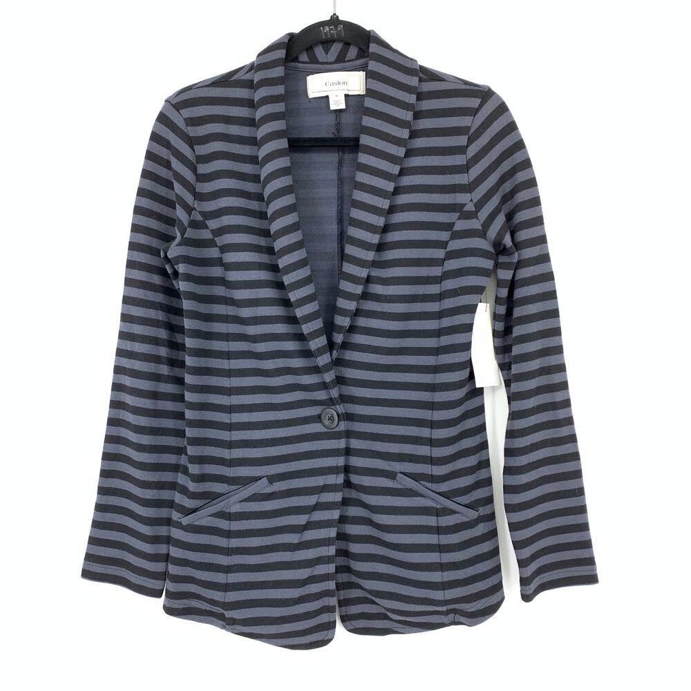 Caslon Knit Blazer Jacket Womens Size Medium One Button Striped Black Gray NEW